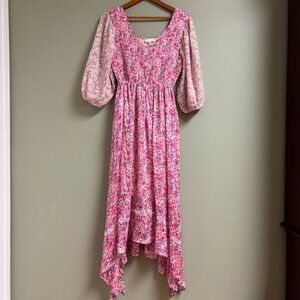 Melloday Womens Cottagecore Prairie Dress Size L Asymmetric Smocked Pink Floral